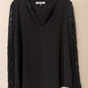 Kasper Black V-Neck Blouse with Lace Sleeves